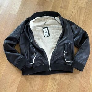 Chaser black faux leather and fur distressed bomber jacket Size M